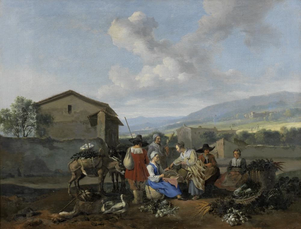 Scena di mercato con figure in un paesaggio